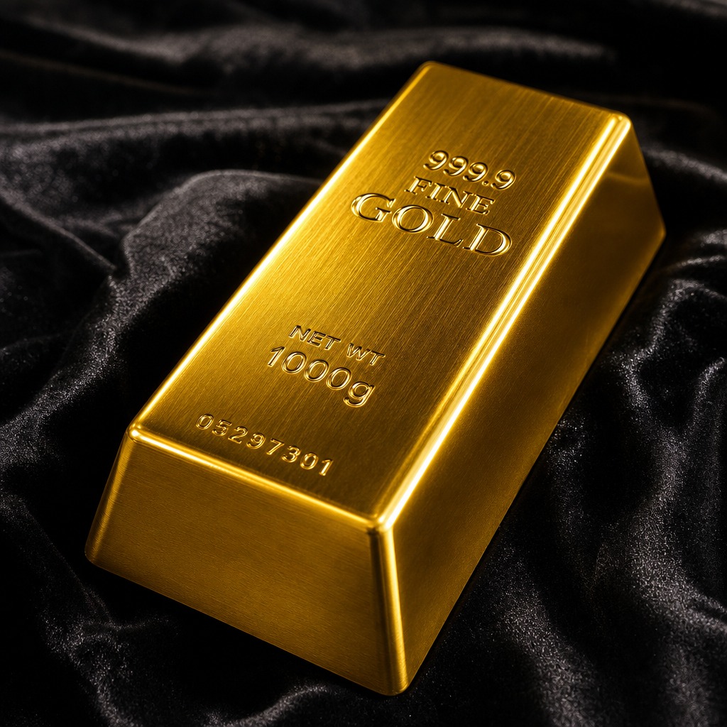 黄金：一块闪闪发光的金条（金砖），表面具有细腻的金属拉丝纹理和… - 图片创意预览