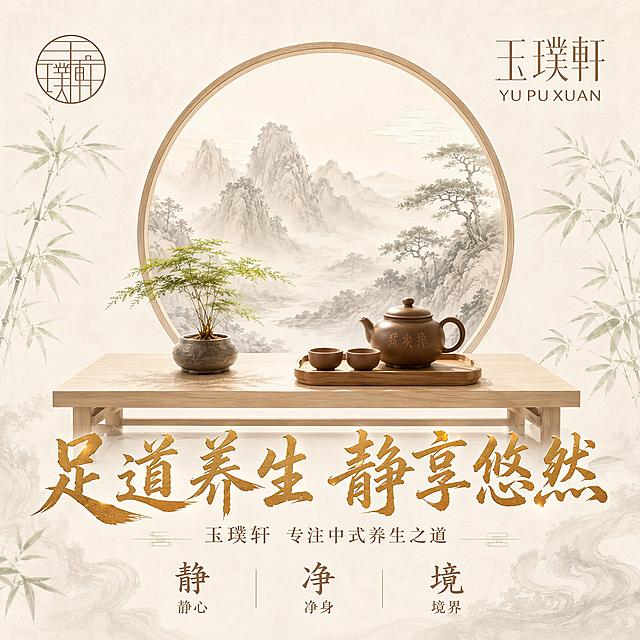 美团1:1方形主图，玉璞轩品牌理念图。整体风格新中式清爽文雅，浅米杏色为主色调，搭配浅棕色和暖金色点缀，底色明亮通透不老气。画面背景为浅米色宣纸纹理，中央有一个浅棕色圆形线条月亮门，门内是淡墨色山水意境，远山、松树、云雾，清雅悠远。月亮门前有一方浅木色茶桌，桌上摆放着紫砂茶壶和两个茶杯，旁边有一小盆文竹，色调柔和。左上角放置玉璞轩圆形Logo，右上角是浅棕色玉璞轩YU PU XUAN品牌名。画面中央偏下是主标题足道养生 静享悠然，采用大号暖金色行书字体，飘逸有韵味。主标题下方有一行浅棕色小字玉璞轩 专注中式养生之道。画面底部有三个浅棕色小字横向排列静 净 境，每个字下方对应更小的浅棕色解释静心 净身 境界。左右两侧有淡淡的水墨竹子图案，竹叶浅绿色。整体光影明亮柔和，自然光感，氛围禅意清爽不厚重。文字清晰锐利，书法优美。1:1正方形构图，超高清商业意境海报质感。