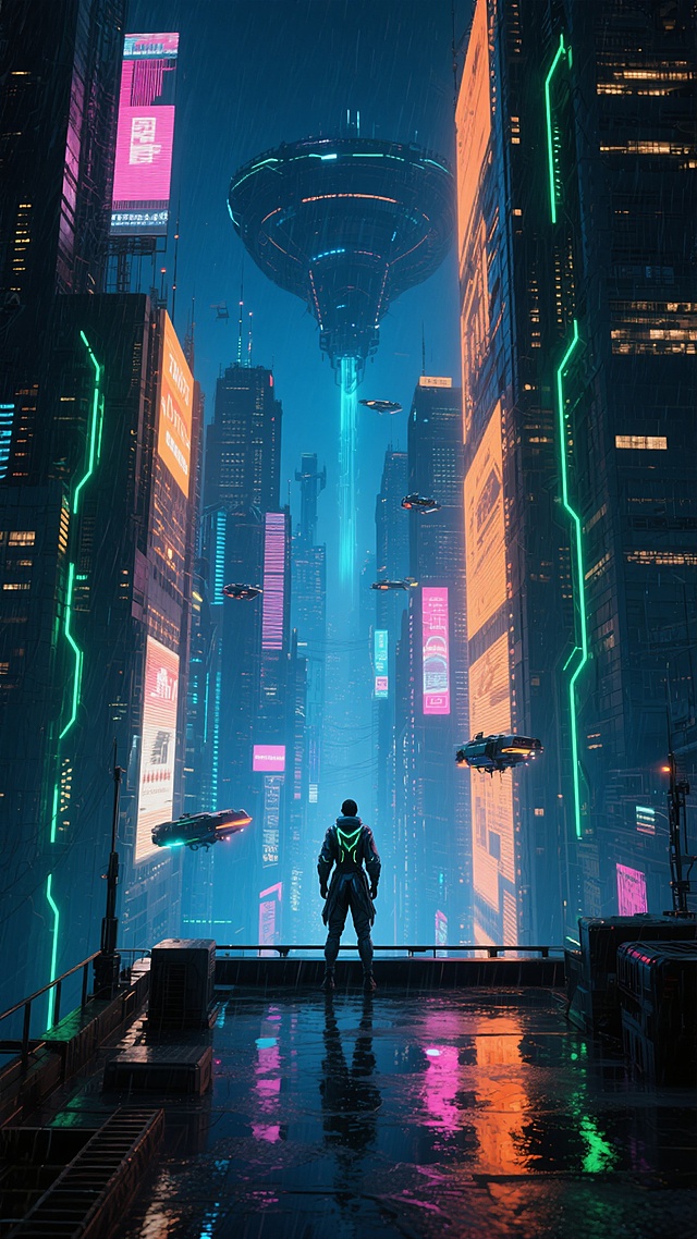 赛博朋克风格城市夜景，从高楼天台俯瞰视角，画面中央站立着一个穿着未来感服饰的孤独背影人物，城市中布满垂直延伸的巨型建筑，建筑表面覆盖着变幻的动态霓虹广告牌与发光管线，主色调变换为深蓝与亮橙交织，点缀荧光绿与玫瑰金的霓虹光效，场景转换为雨后湿润的城市，地面与建筑表面反射着斑斓的光影，空中漂浮着全息投影广告与小型飞行器，远处天际线有巨大的悬浮结构与穿梭的流光，整体氛围神秘而充满科技感，光影对比强烈，细节丰富的未来都市景观，忧郁而壮丽的赛博朋克美学。
