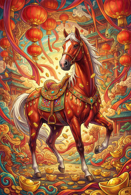 色彩丰富，极繁主义，不对称构图，细节完美，杰作。绘本风格。散落元宝，挂着红灯笼，飘逸的丝带，， 红棕色汗血宝马， 白色鬃毛 尾巴 华丽的马鞍。 高品质细节，超高清分辨率，最佳品质，笔触清晰，高饱和度，预览效果