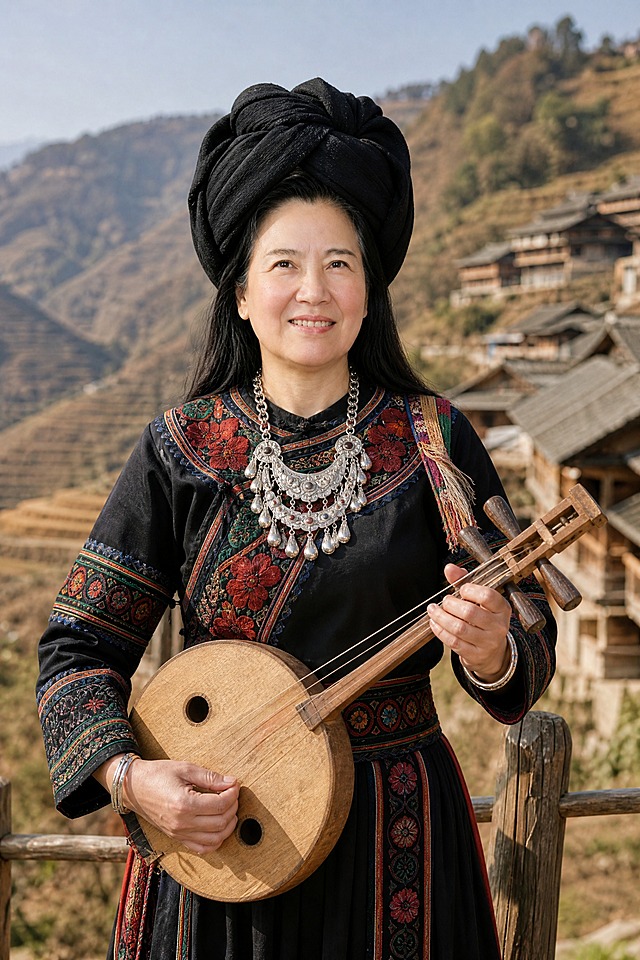彝族民族写真，保留参考图的人脸特征，40多岁东方女性，上半身占据画面三分之一以上。身穿彝族刺绣长裙，头戴英雄结头饰，佩戴银饰项链与手镯，手持月琴，背景是云南凉山彝族村寨与梯田，表情坚毅热情。高原自然光，真实摄影质感，高清写真