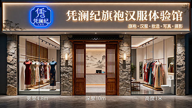 生成西安华清池凭澜纪旗袍汉服体验馆门店效果图，面积100平米，门头宽度4.8米，深度10米，门头高度1米，门头上有附件中的凭澜纪蓝色发光LOGO，右侧正中间大字发光字'凭澜纪旗袍汉服体验馆'，下方小字发光字'旗袍·汉服·妆造·写真·摄影'，门头下方中间是唐风木质门，两侧是仿石材墙面结合玻璃，结合唐代温泉行宫历史文化，进店左手边是旗袍展示区，右手边是汉服古装民族服饰展示区，最里面中间是背景墙和收银接待台，后台是更衣室化妆间洗手间，唐风雅致风格，高清效果图