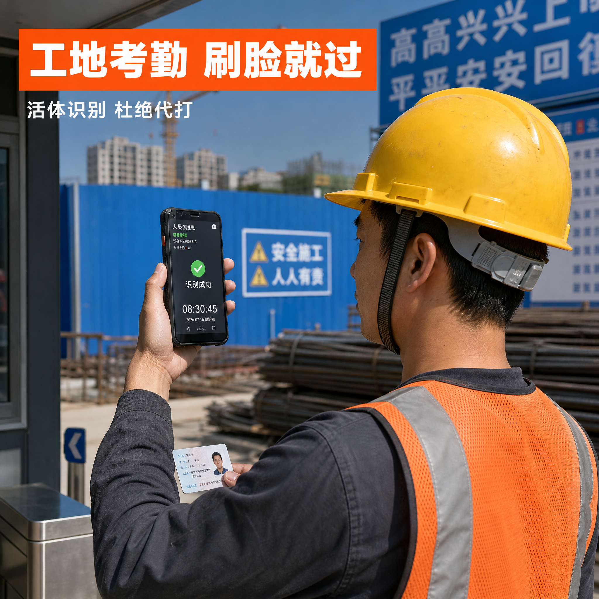 [主图-4] 真实使用场景主图，建筑工地入口工人打卡场景，工业… - 图片创意预览