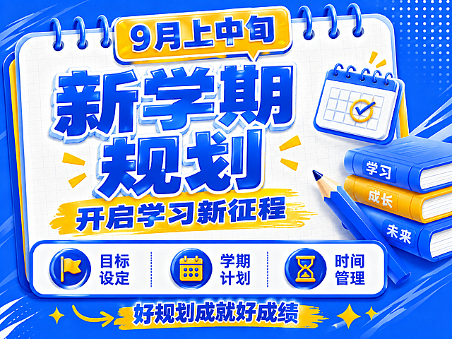3D卡通风格开学季推广海报，蓝黄配色，参考示例图风格。画面主体是白色线圈笔记本背景，带网格纹理。顶部黄色圆角对话框标签写着"9月上中旬"。中央超大号蓝色立体字主标题"新学期规划"，带白色描边，视觉冲击力强。副标题"开启学习新征程"，蓝色字体配黄色笔刷底纹。底部三个圆形图标卖点区：第一个旗帜图标配文字"目标设定"，第二个日历图标配文字"学期计划"，第三个沙漏图标配文字"时间管理"。最底部黄色箭头装饰配文字"好规划成就好成绩"。右侧装饰元素：堆叠的书本、蓝色铅笔、日历本。整体蓝色渐变背景带白色波点装饰，活泼明亮，文案醒目突出，适合手机端阅读。画面中所有信息区域必须填充完整合理的内容，不得出现空白框。