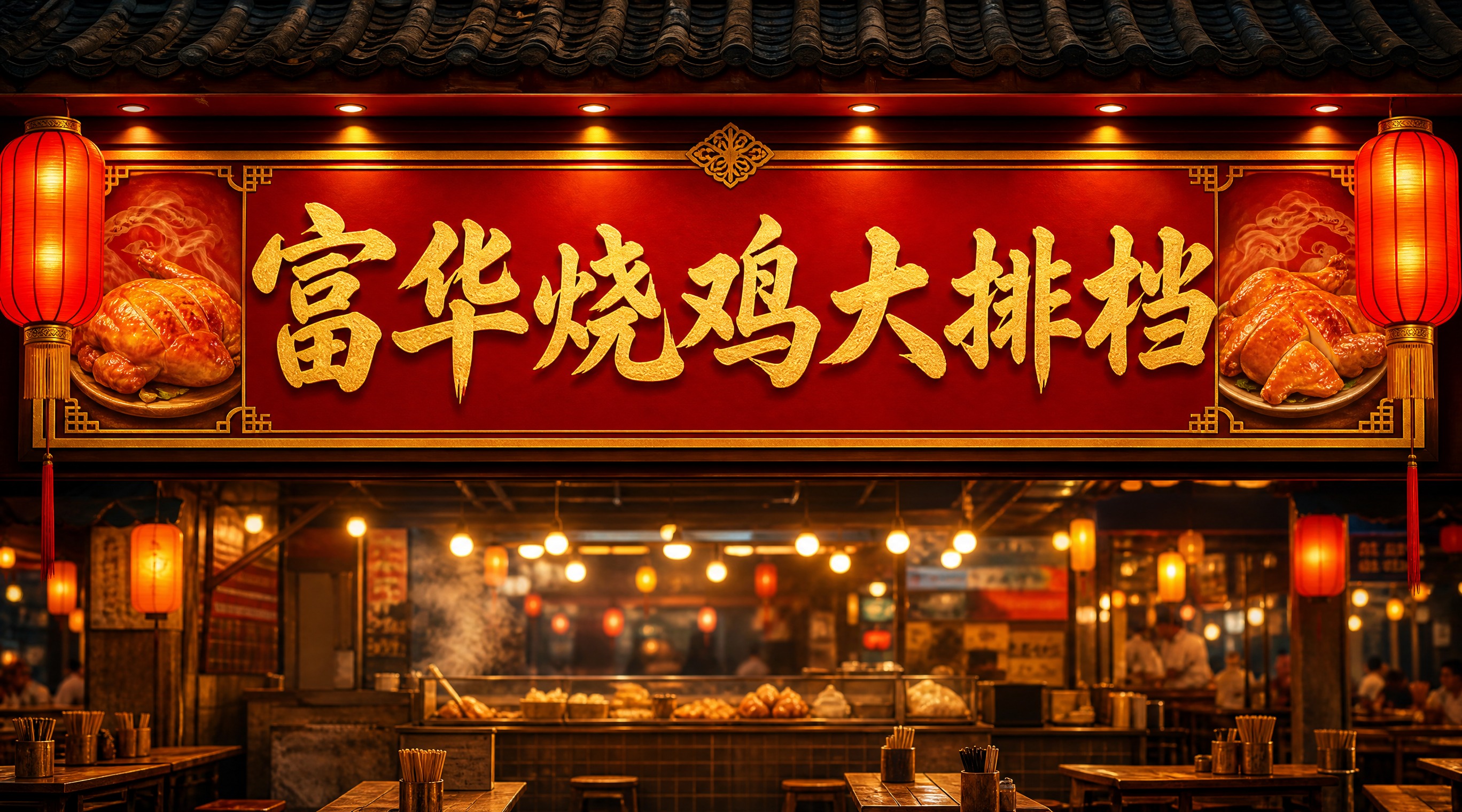 餐饮店铺店招设计，店名"富华烧鸡大排档"，横版构图，主体文字醒… - 图片创意预览