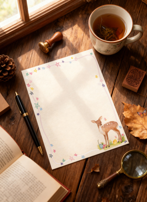 保留参考图信纸的全部原始设计：完整保留小鹿图案、彩色五角星边框和暖黄色纸张底色，将这张信纸完整平铺在复古木质书桌上，自然光从窗边洒入，信纸旁放着一只钢笔，周围布置泡有茶叶的陶瓷马克杯、翻开的书本、松果预览效果