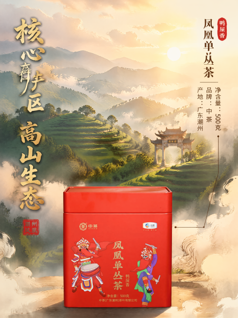 [主图-2（750*1000）] 竖版国潮风格凤凰单丛茶产地溯源图。保持茶叶罐外观一致不变，底部展示茶叶罐，上半部分展示潮州凤凰山茶园远景，云雾缭绕，国潮水彩风格，自然暖阳逆光，通透感强。文字版式左侧预览效果
