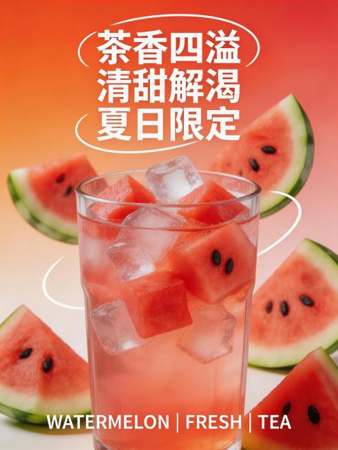 动态海报第四帧，红橙渐变通透背景，透明高杯装的西瓜冰茶占据画面中心，茶汤清透粉红，杯内堆满西瓜果肉块与冰块，周围环绕西瓜切片，白色粗体大字："茶香四溢，清甜解渴，夏日限定"，搭配白色弧形装饰线条，底部预览效果