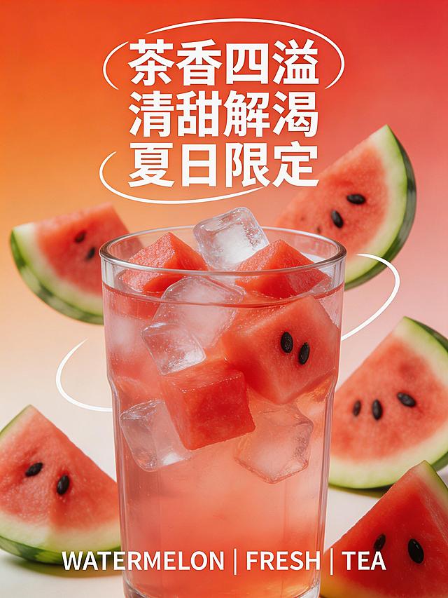 动态海报第四帧，红橙渐变通透背景，透明高杯装的西瓜冰茶占据画面中心，茶汤清透粉红，杯内堆满西瓜果肉块与冰块，周围环绕西瓜切片，白色粗体大字："茶香四溢，清甜解渴，夏日限定"，搭配白色弧形装饰线条，底部标注"WATERMELON | FRESH | TEA"，适配动态饮品晃动、冰块跳动效果，电商饮品宣传风格