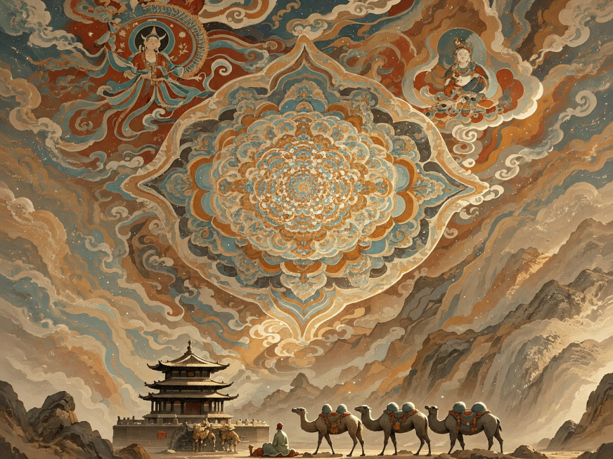 保留原图敦煌藻井和古建筑的画面内容，去除所有文字，提升图片清晰度，保持原有色调不变，横向扩展图片内容，保持原有中式敦煌壁画风格预览效果