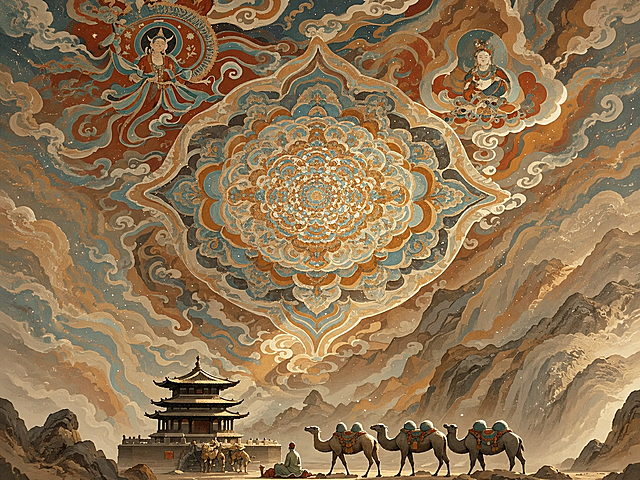 保留原图敦煌藻井和古建筑的画面内容，去除所有文字，提升图片清晰度，保持原有色调不变，横向扩展图片内容，保持原有中式敦煌壁画风格
