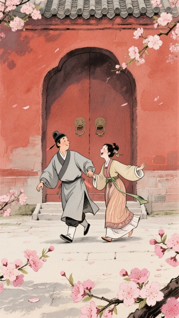 正面，远景，暗红色宫墙背景，人物身穿古代服饰，一个男子拉着一个女子嬉笑，暖色调浪漫感氛围，桃花点缀预览效果