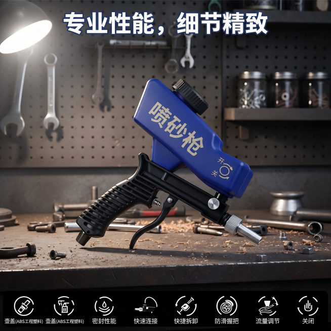 将图片上所有英文替换为中文：Pro Performance, Meticulous Details改为专业性能，细节精致；SAND BLASER改为喷砂枪；ON改为开；OFF改为关；底部图标文字：Li预览效果