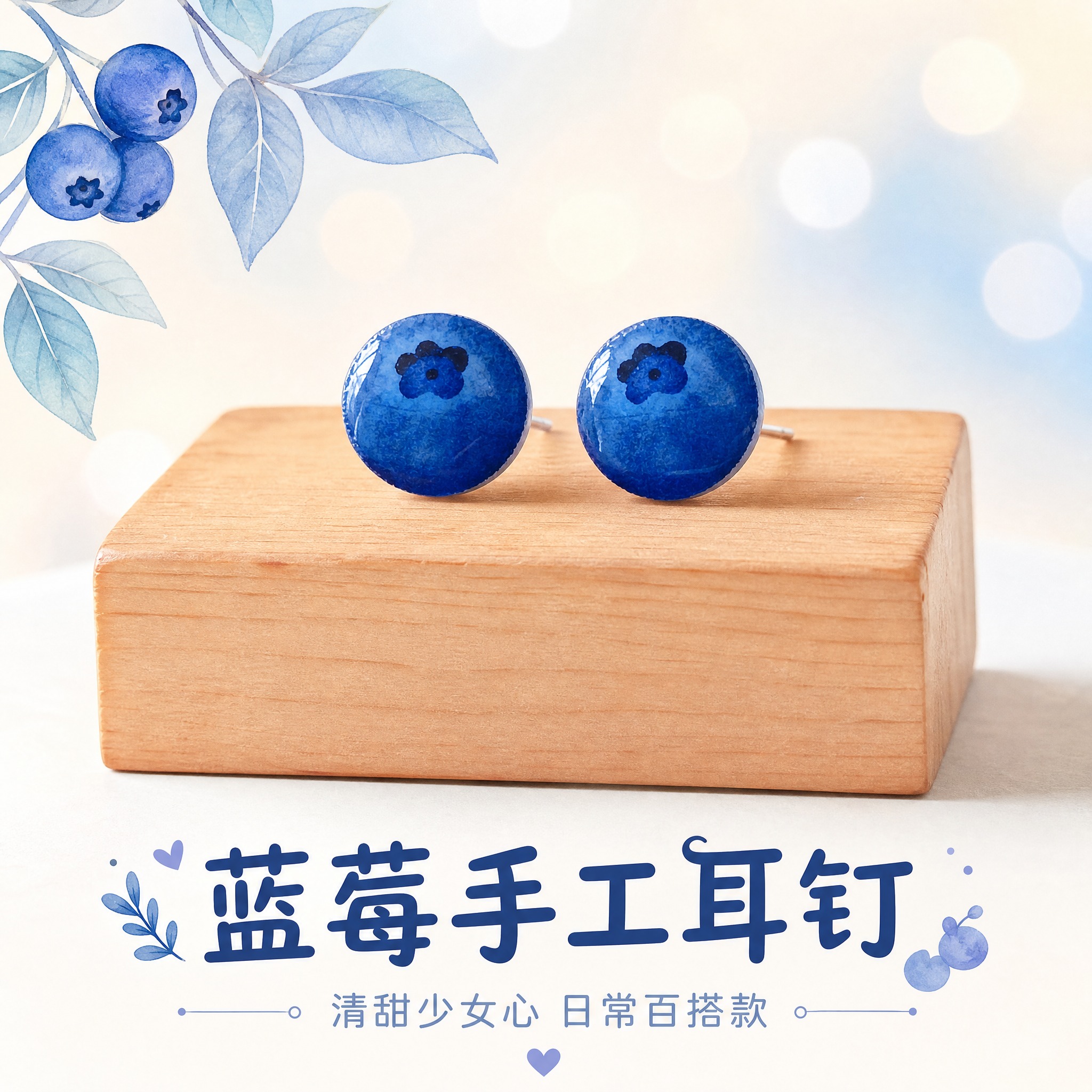 [主图-1] 蓝莓造型手工耳钉首图，突出甜美清新氛围与产品识别… - 图片创意预览