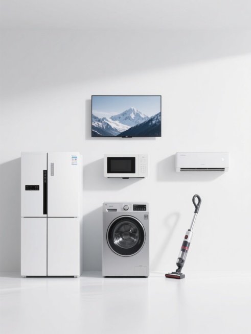 简约现代风格的家电产品展示图，六个规整排布的家电产品，每个产品独立呈现，包含一台显示着雪山风景壁纸的现代平板电视、一台双开门白色冰箱、一台前置控制面板的滚筒洗衣机、一台银色外观的微波炉、一个手持无线吸尘器和一台挂壁式空调，所有家电均采用简洁的线条设计，具有光滑的表面质感，整体置于纯白色纯色背景上，无任何文字、logo或水印，光线明亮柔和，色彩还原真实自然，呈现出干净利落的视觉效果。预览效果
