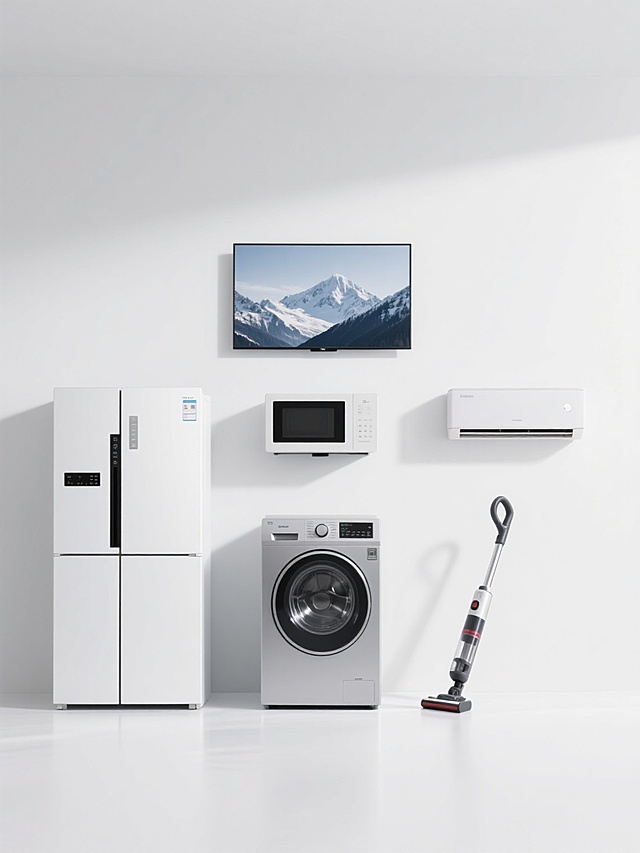 简约现代风格的家电产品展示图，六个规整排布的家电产品，每个产品独立呈现，包含一台显示着雪山风景壁纸的现代平板电视、一台双开门白色冰箱、一台前置控制面板的滚筒洗衣机、一台银色外观的微波炉、一个手持无线吸尘器和一台挂壁式空调，所有家电均采用简洁的线条设计，具有光滑的表面质感，整体置于纯白色纯色背景上，无任何文字、logo或水印，光线明亮柔和，色彩还原真实自然，呈现出干净利落的视觉效果。