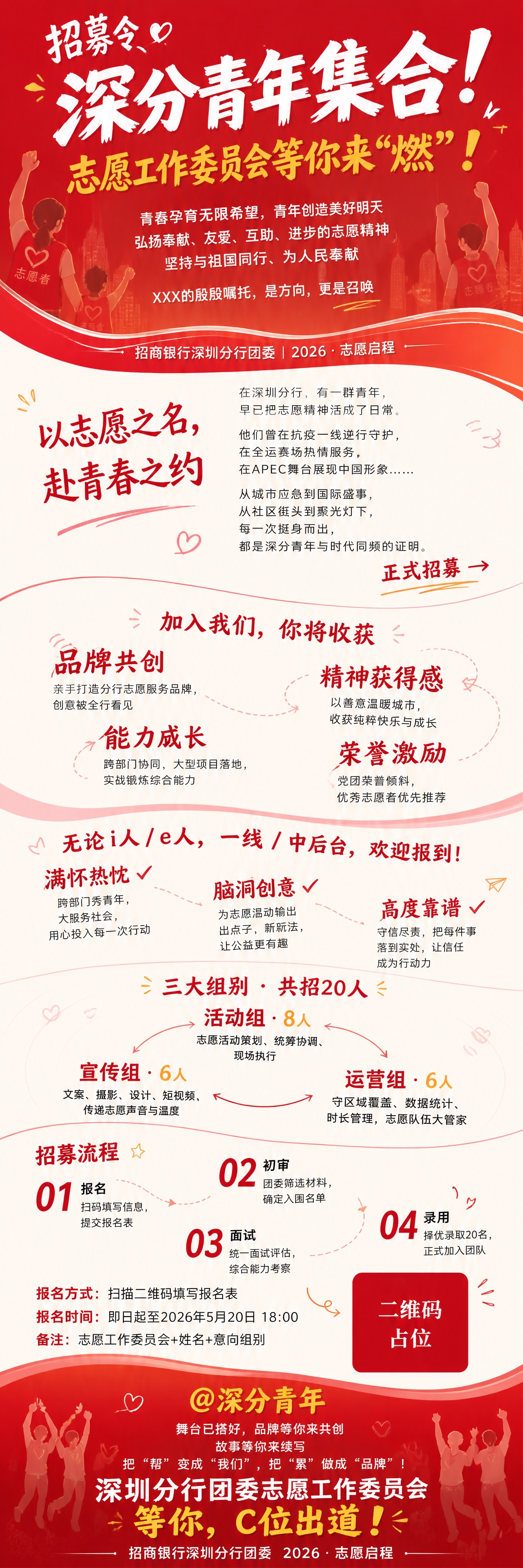 招商银行深圳分行团委志愿工作委员会招募长图，活泼清爽红色系，流… - 图片创意预览