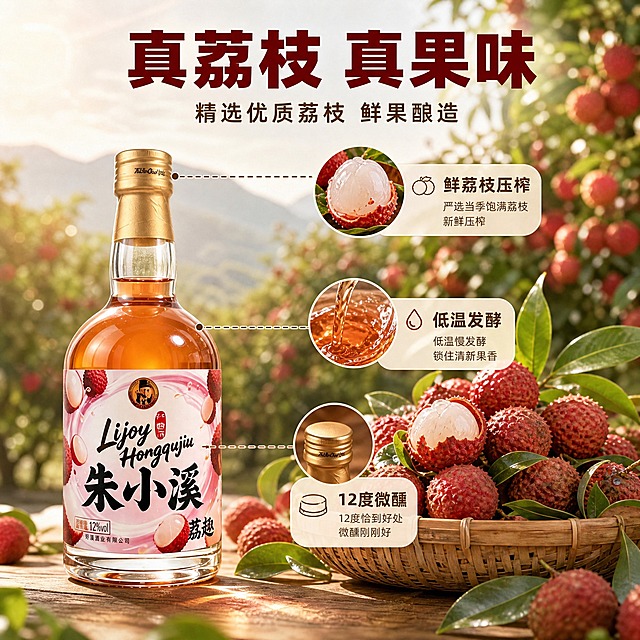 [主图-2] 朱小溪荔枝果酒 核心亮点与原料溯源 信任建立。
[统一基调] 抖音兴趣电商风格 场景化 自然暖阳逆光 高清商业摄影质感 主色荔枝红+暖木棕+米白 标题字色深酒红加粗 辅助字色暖棕 字体为粗黑体 强调色金箔红 卡片用圆角半透明米白底 整体温暖有食欲。
[画面] 朱小溪荔枝果酒玻璃瓶位于画面左侧 瓶身完整 圆润矮胖瓶型 金色旋盖 瓶内琥珀色酒液通透 标签粉白渐变底色 印有完整的朱小溪黑色大字 Lijoy Hongqujiu英文 圆形人物头像Logo 红色印章 荔枝图案 12%vol 荔趣字样 所有标签文字清晰锐利完整 右侧为原料展示区 一大盘新鲜采摘的荔枝堆放在竹编篮中 荔枝颗颗饱满红润 带绿叶枝条 背景虚化呈现荔枝果园景象 有远山和荔枝树 阳光透过树叶洒下斑驳光影 用细虚线从瓶身引向三处原料亮点 分别指向 鲜荔枝果肉 清澈琥珀酒体 金色瓶盖 每个引线末端配小图标和简短说明 产品占画面约50% 视角平视。
[光影质感] 自然暖阳侧逆光 荔枝表面有自然高光 果肉通透多汁 瓶身有柔和反光 琥珀色酒液晶莹透亮 果园背景虚化有空气感 整体光影温暖自然 8K高清质感。
[配色] 主色琥珀橙 荔枝红 果叶绿 暖木棕 米白 背景果园绿+暖阳光斑 标题深酒红 辅助文字暖棕。
[文字版式] 画面上方居中主标题粗黑体"真荔枝 真果味" 下方小字"精选优质荔枝 鲜果酿造" 三个引线说明分别为"鲜荔枝压榨""低温发酵""12度微醺" 文字放在画面上方和右侧空白处 不遮挡产品主体 引线清晰指向对应细节。
[输出要求] 比例1:1 瓶身标签文字100%还原清晰锐利 无扭曲变形错乱重影 产品清晰不变形 禁止模糊 杂乱 水印 平台Logo 禁止饮酒动作 禁止绝对化用语 禁止功效宣称。