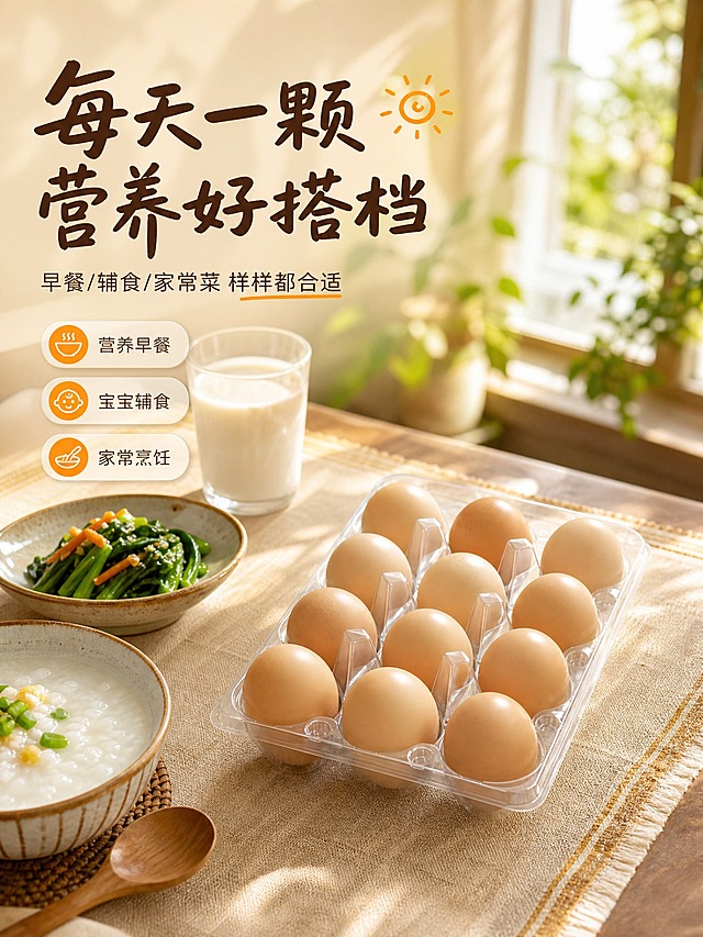 [商品] 使用【图1】康大农家散养鸡蛋透明塑料蛋托12枚装；保留透明蛋托结构、鸡蛋数量和色泽；修复蛋壳污渍，蛋壳干净莹润，蛋托通透洁净。
[画面] 目标：场景种草页，家庭早餐/餐桌日常食用场景；构图：单场景沉浸型，温馨家庭餐桌场景，木质餐桌上放着鸡蛋托、一碗白粥、一碟小菜、一杯牛奶，晨光从窗户洒入；鸡蛋托位于画面右侧偏中，占画面40%；景别：中景；阅读动线：从左标题到右产品场景；前中后景：前景桌布纹理，中景鸡蛋托+早餐食物，后景虚化窗户+绿植。
[视觉] 套系策略：风格=自然质朴农家田园风商业摄影；标题字=手写感粗黑体，温暖质朴；正文字=简洁无衬线体；主色=暖土黄+自然绿；背景延展=基于暖土黄做深浅层级，同色渐变，搭配原木/棉麻质感；强调色=朝阳橙，仅用于小面积图标和标签；标题色=深棕褐；正文色=暖灰褐；组件=圆角米白底信息卡、细线引线；光影=窗边暖晨光，柔和温馨。
[文字] 左上主标题「每天一颗 营养好搭档」，副标题「早餐/辅食/家常菜 样样都合适」，下方3个场景标签：①营养早餐 ②宝宝辅食 ③家常烹饪；全部文字横排，不遮挡鸡蛋主体。
[规格] 图片比例3:4竖版，4K，负向提示：避免极限词、错字、文字过小、冷色调、鸡蛋变形、场景杂乱、塑料感过重。
