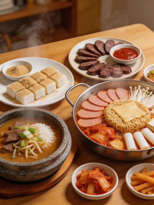 延吉特色美食合集，摆放着打糕、米肠、韩式汤饭、部队火锅等朝鲜族特色食物，热气腾腾，色泽诱人，充满烟火气，写实美食摄影风格，高清晰度，3:4比例。预览效果