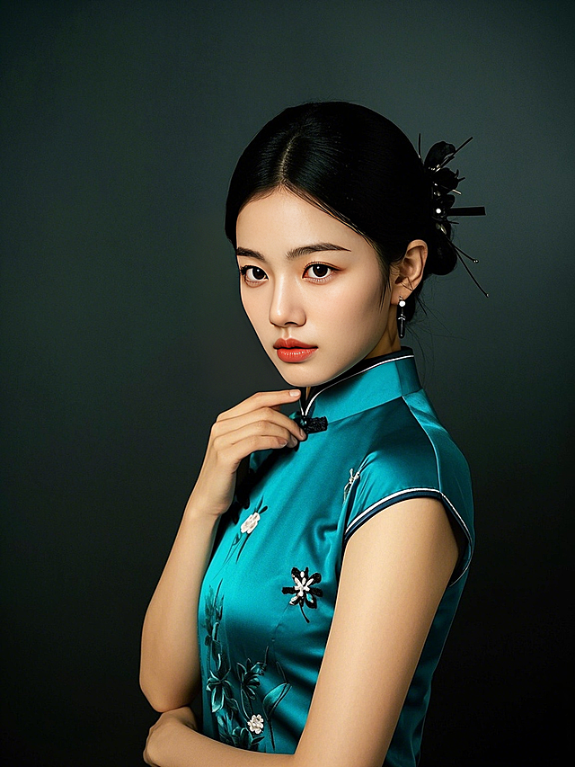 一个女生，工作形象照，青色旗袍，黑色发簪，新中式，黑色背景