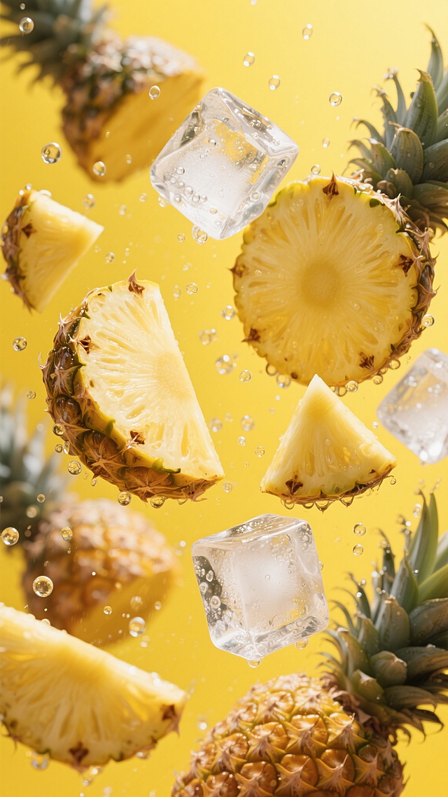 超写实摄影风格，明亮高饱和的黄色背景，多块新鲜菠萝切片——包括半圆形的果肉特写和带果皮的切块——与棱角分明的透明冰块一同悬浮，冰块表面布满细密气泡，大量水珠和气泡在主体周围飞溅，营造出清凉动感的夏日氛围，光线从上方柔和照射，使菠萝的金黄色果肉与冰块的晶莹质感形成鲜明对比，整体构图充满活力与层次感，细节清晰展现菠萝的纤维纹理和冰块的透明光泽。