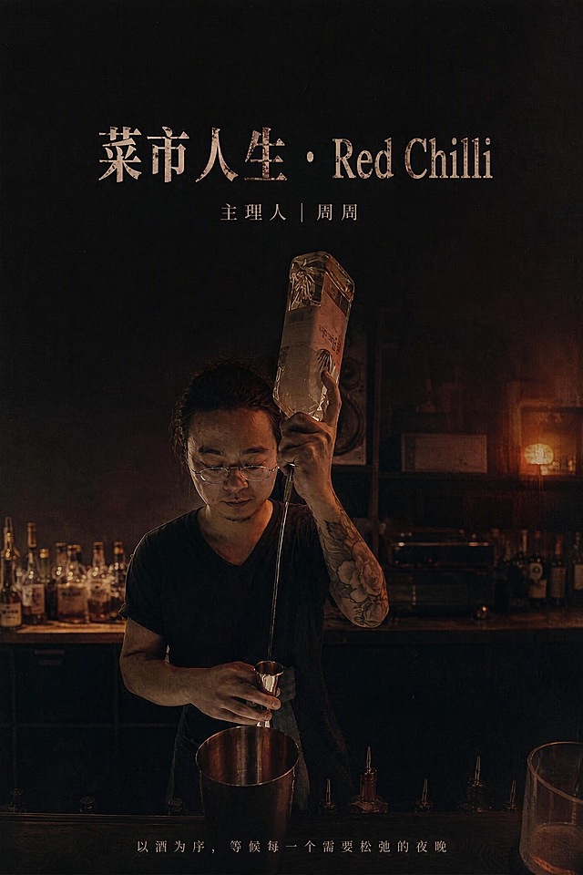 文旅人物海报，保留原图中男生调酒的姿态和面部特征不变，戴眼镜、花臂、黑色T恤，正在倒酒调酒。暗调夜晚酒馆环境，柔和侧光从侧面打在人物脸上，复古胶片质感，画面边缘做暗角，氛围感拉满。画面上方预留大片深色空白区域用于排版标题文字。画面上方大字标题写"菜市人生・Red Chilli"，中号字副标题写"主理人｜周周"，人物下方小字slogan写"以酒为序，等候每一个需要松弛的夜晚"。版式简约高级，纪实人像风格，电影感，细腻颗粒质感，适合印刷海报，8k高清。背景是昏暗的酒吧吧台，酒瓶和酒杯隐约可见，暖色调灯光。