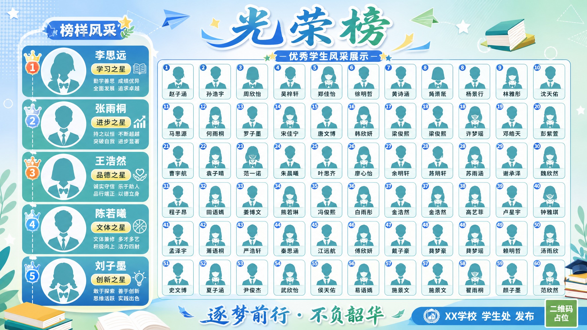 横版校园光荣榜海报，左右分栏布局，清新校园蓝绿风格。左侧约占画… - 图片创意预览