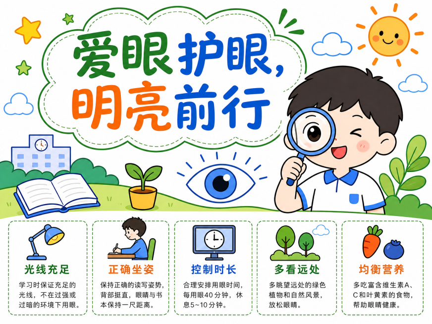 参照示例图，制作一幅爱眼护眼主题手抄报，标题为"爱眼护眼，明亮前行"，保留五个护眼要点：光线充足、正确坐姿、控制时长、多看远处、均衡营养，保持卡通简笔画风格，色彩清新，手抄报排版格式预览效果