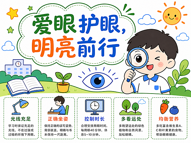参照示例图，制作一幅爱眼护眼主题手抄报，标题为"爱眼护眼，明亮前行"，保留五个护眼要点：光线充足、正确坐姿、控制时长、多看远处、均衡营养，保持卡通简笔画风格，色彩清新，手抄报排版格式