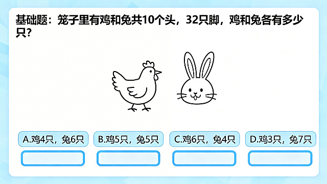 互动练习答题界面，基础题：“笼子里有鸡和兔共10个头，32只脚，鸡和兔各有多少只？”下方四个选项：A.鸡4只，兔6只 B.鸡5只，兔5只 C.鸡6只，兔4只 D.鸡3只，兔7只，搭配简单鸡兔卡通插图，整体风格简洁清晰，留好交互点击区域，适合小学生答题，分辨率1080P