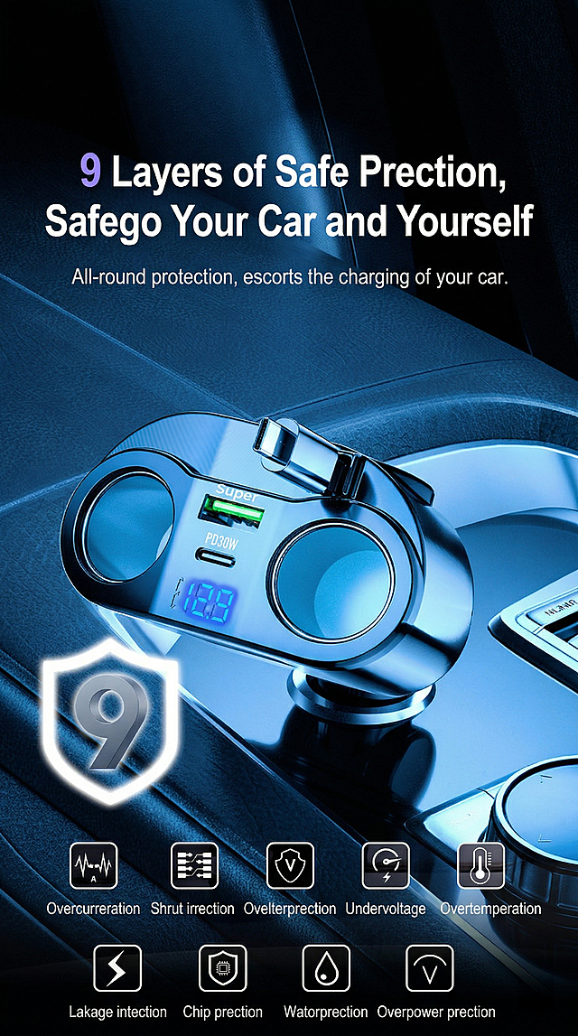 将图中的中文文案全部翻译成英文，保持原有的排版、字体样式、颜色和位置，其他画面元素保持不变。翻译内容：
9重安全保护 保护汽车保护人 → 9 Layers of Safety Protection, Safeguard Your Car and Yourself
全方位保障，为您的爱车充电保驾护航。 → All-round protection, escorts the charging of your car.
过流保护 → Overcurrent Protection
短路保护 → Short Circuit Protection
过压保护 → Overvoltage Protection
欠压保护 → Undervoltage Protection
过温保护 → Over-temperature Protection
漏电保护 → Leakage Protection
芯片保护 → Chip Protection
防水保护 → Waterproof Protection
过功率保护 → Overpower Protection