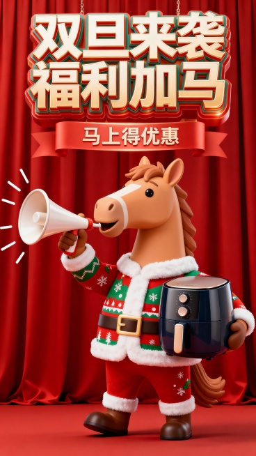 卡通风格，浅棕色拟人马，圣诞色圣诞衣，举喇叭吹奏（小线条表示发声），另一手抱着一个空气炸锅，画面顶部巨大的3D创意变形艺术字 “双旦来袭 福利加马”（下行小字：马上得优惠），背后的红幕布预览效果