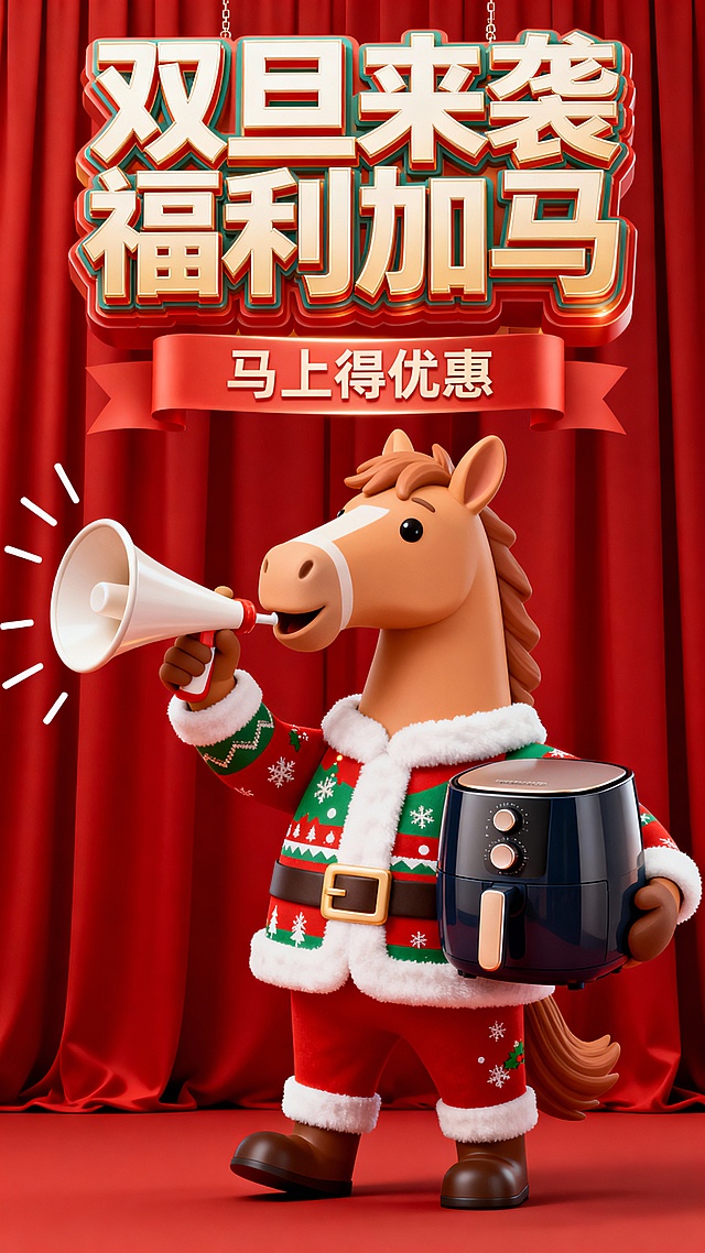 卡通风格，浅棕色拟人马，圣诞色圣诞衣，举喇叭吹奏（小线条表示发声），另一手抱着一个空气炸锅，画面顶部巨大的3D创意变形艺术字 “双旦来袭 福利加马”（下行小字：马上得优惠），背后的红幕布