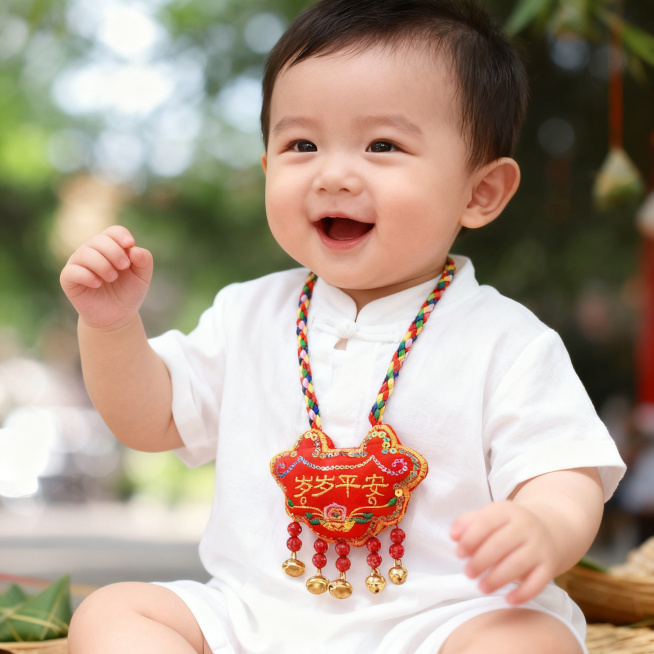 端午节日里，穿白色衣服的半岁男宝宝，胸前挂着一个精致的红色岁岁平安刺绣小香包，活泼可爱，户外背景，温馨氛围预览效果
