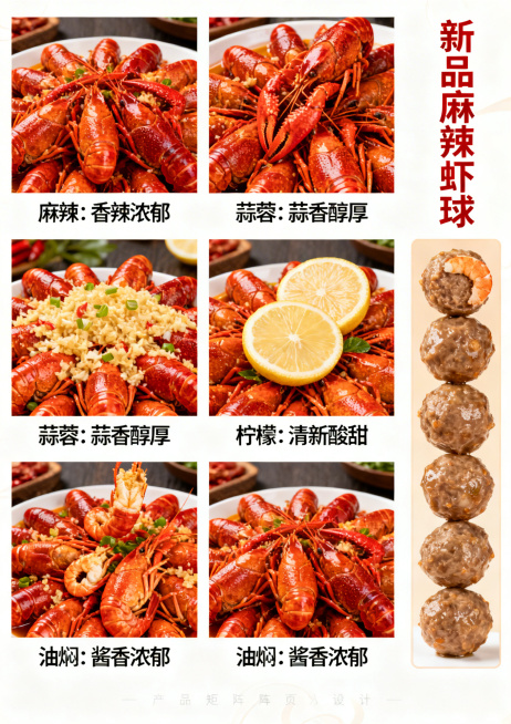 湖北楚虾王食品科技有限公司产品矩阵页，展示四种核心口味小龙虾：麻辣、蒜蓉、柠檬、油焖，每种口味对应一张色泽诱人的小龙虾实物图，下方标注口味名称和产品特点，右侧展示新品麻辣虾球和肉丸子的图片，整体布局清预览效果