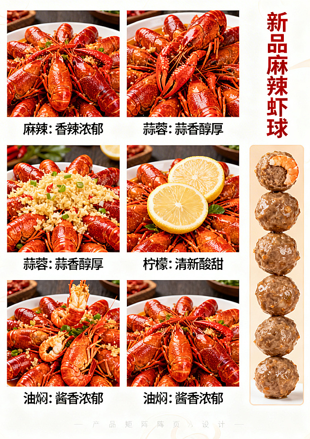 湖北楚虾王食品科技有限公司产品矩阵页，展示四种核心口味小龙虾：麻辣、蒜蓉、柠檬、油焖，每种口味对应一张色泽诱人的小龙虾实物图，下方标注口味名称和产品特点，右侧展示新品麻辣虾球和肉丸子的图片，整体布局清晰，色彩鲜艳，激发食欲
