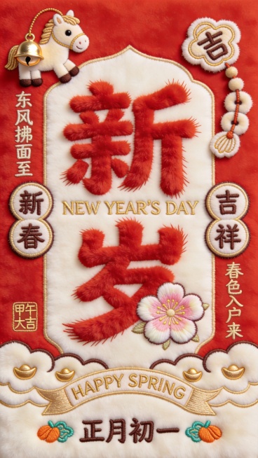 马年大年初一毛茸茸国潮红包设计

材质与色调：采用喜庆朱红短绒为基底，主视觉元素使用蓬松长绒材质塑造立体感，点缀浅金植绒与乳白毛绒细节，整体呈现新年开端的明亮柔和质感。

核心视觉元素：

中央以朱红预览效果