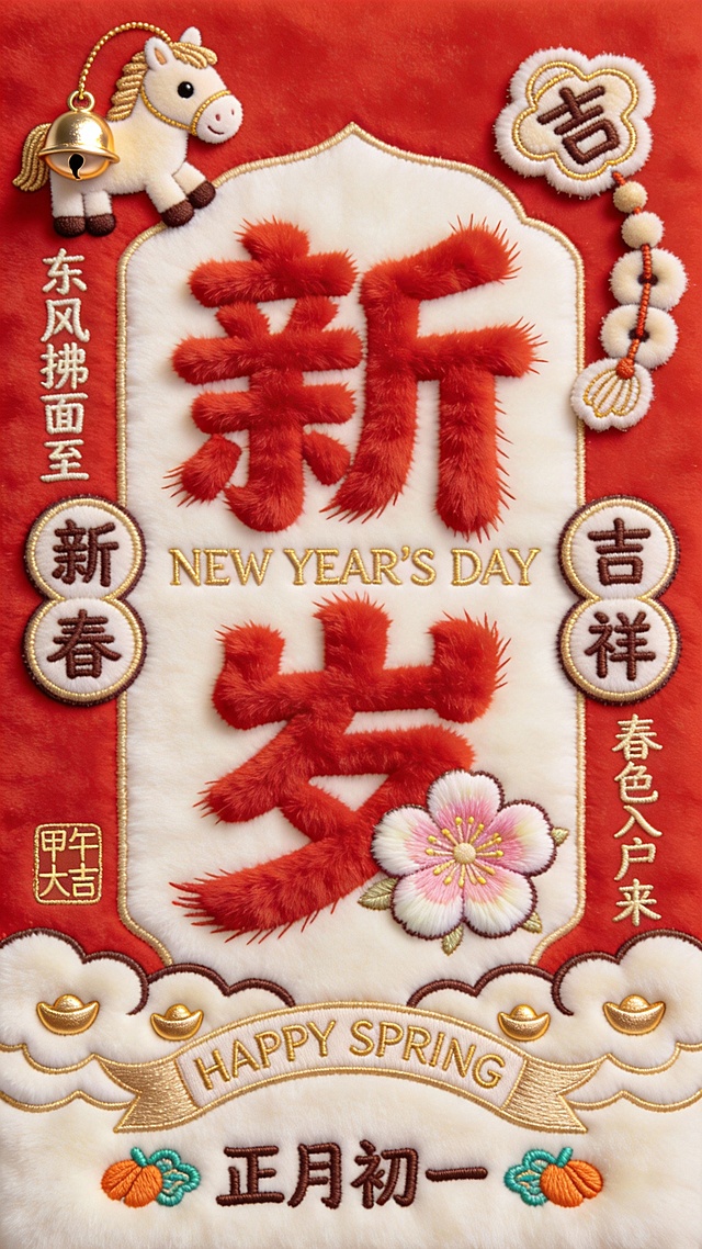 国潮风刺绣海报，毛发生长字体呈现“新岁”，融合重拟物与中式元素，喜庆祥瑞，春意盎然。