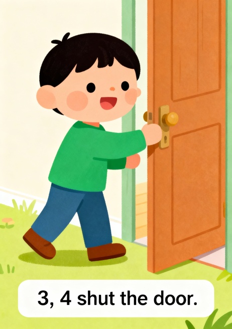 请制作A4竖版儿童卡片 1：
题目1, 2 Buckle My Shoe
内容
1, 2 buckle my shoe.
3, 4 shut the door.
5, 6 pick up sticks预览效果