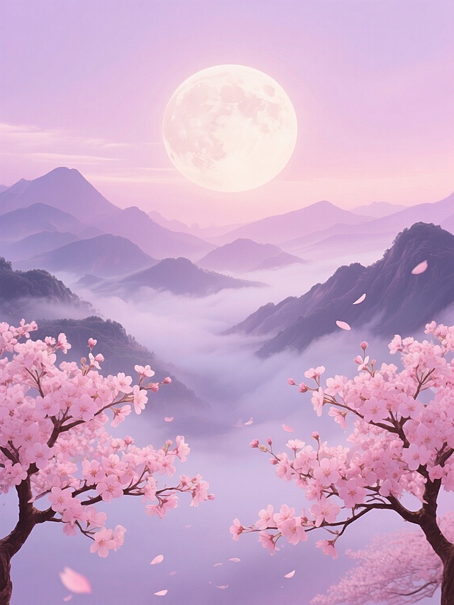 一幅梦幻唯美的山水风景画，整体呈现出浪漫的粉紫色调，柔和的光线从一轮巨大的圆形明月散发出来，照亮了远处层叠起伏的山峦，山间云雾缭绕，宛如仙境。近景是两株开满粉色花朵的樱花树，树枝向四周舒展，花瓣饱满且富有层次感，部分花瓣随风飘落，营造出轻盈飘逸的氛围。画面构图采用了对称式布局，左右两侧的樱花树遥相呼应，中间以云雾和山峦作为过渡，整体视觉层次分明，色彩和谐统一，充满了宁静而浪漫的氛围。