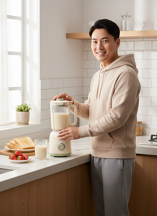 制作这个豆浆机的电商主图，把它放在温馨明亮的厨房一角，一个男人正在使用它，旁边放着杯子和早餐