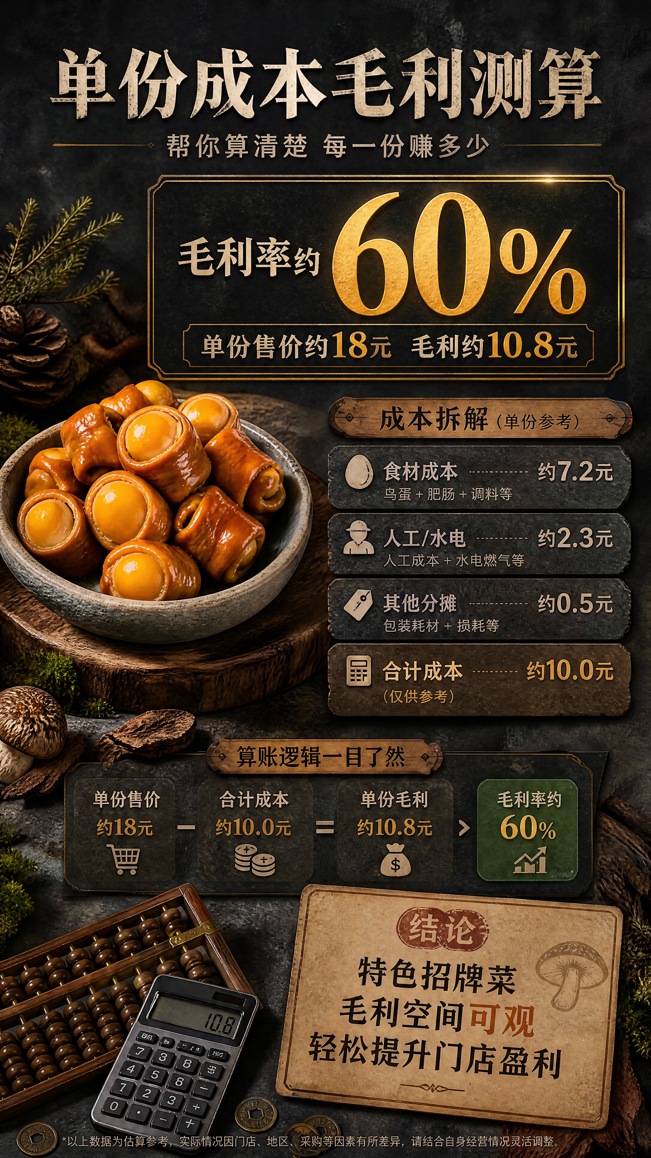 [商品] 本页为成本毛利计算分析页，画面左侧融入鸟蛋肥肠商品小… - 图片创意预览