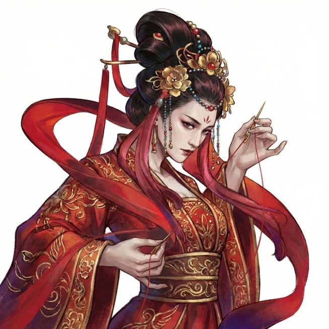 双手变成普通人的样式，两只手各拿着一根金针，引着红线，飘带更加贴身，墨迹去掉预览效果