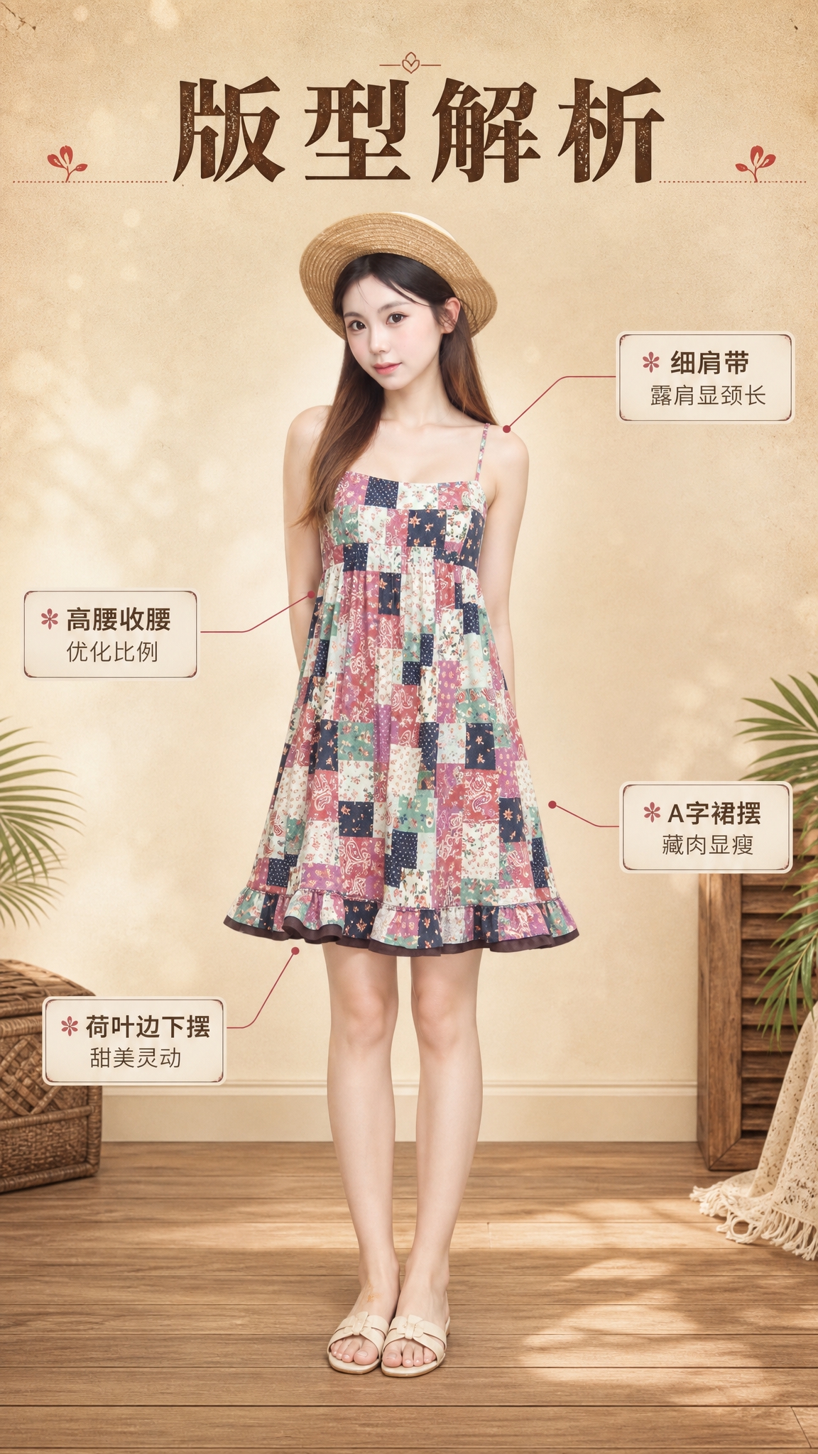 [商品] 使用【图1】复古拼布碎花吊带连衣裙；商品处理：保留吊… - 图片创意预览