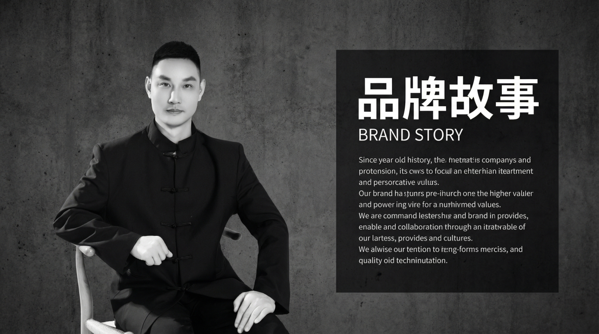 将图1处理成和图2类似风格的品牌故事海报，整体转为黑白色调，保留人物主体，添加半透明黑色文字区域，上方放置大标题"品牌故事"，下方放置英文"BRAND STORY"和介绍文字，整体风格简约商务，比例1预览效果