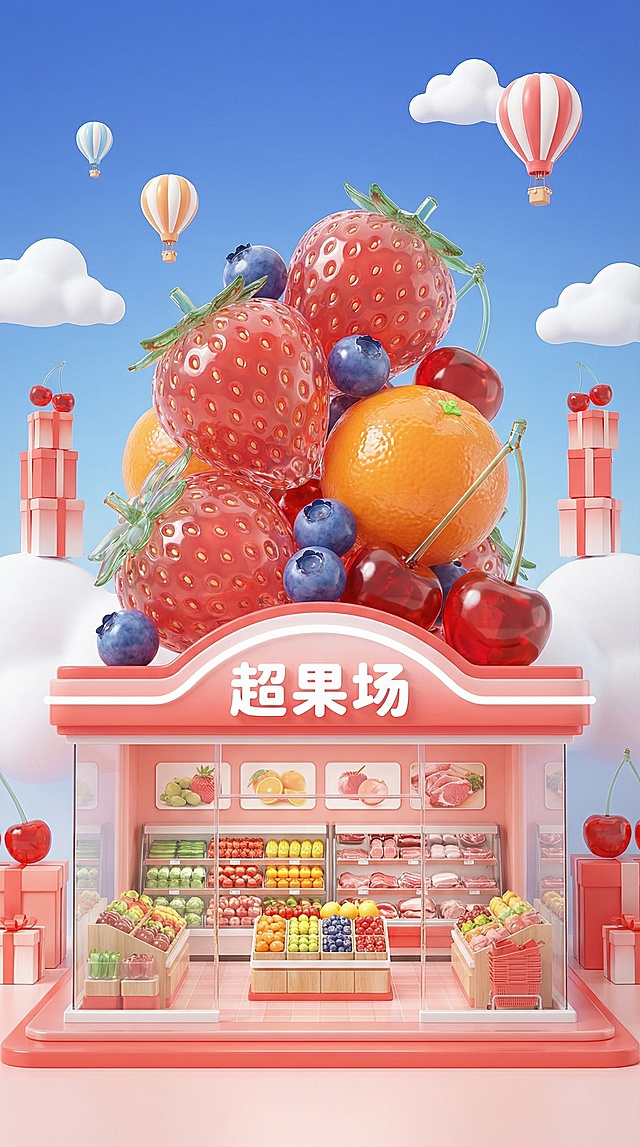 梦幻感十足的软3D风水果店，融合卡通与微缩艺术，巨型水果堆叠如童话，热气球飘浮云间，塑料质感与充气元素交织，营造甜蜜可爱的虚拟现实场景。