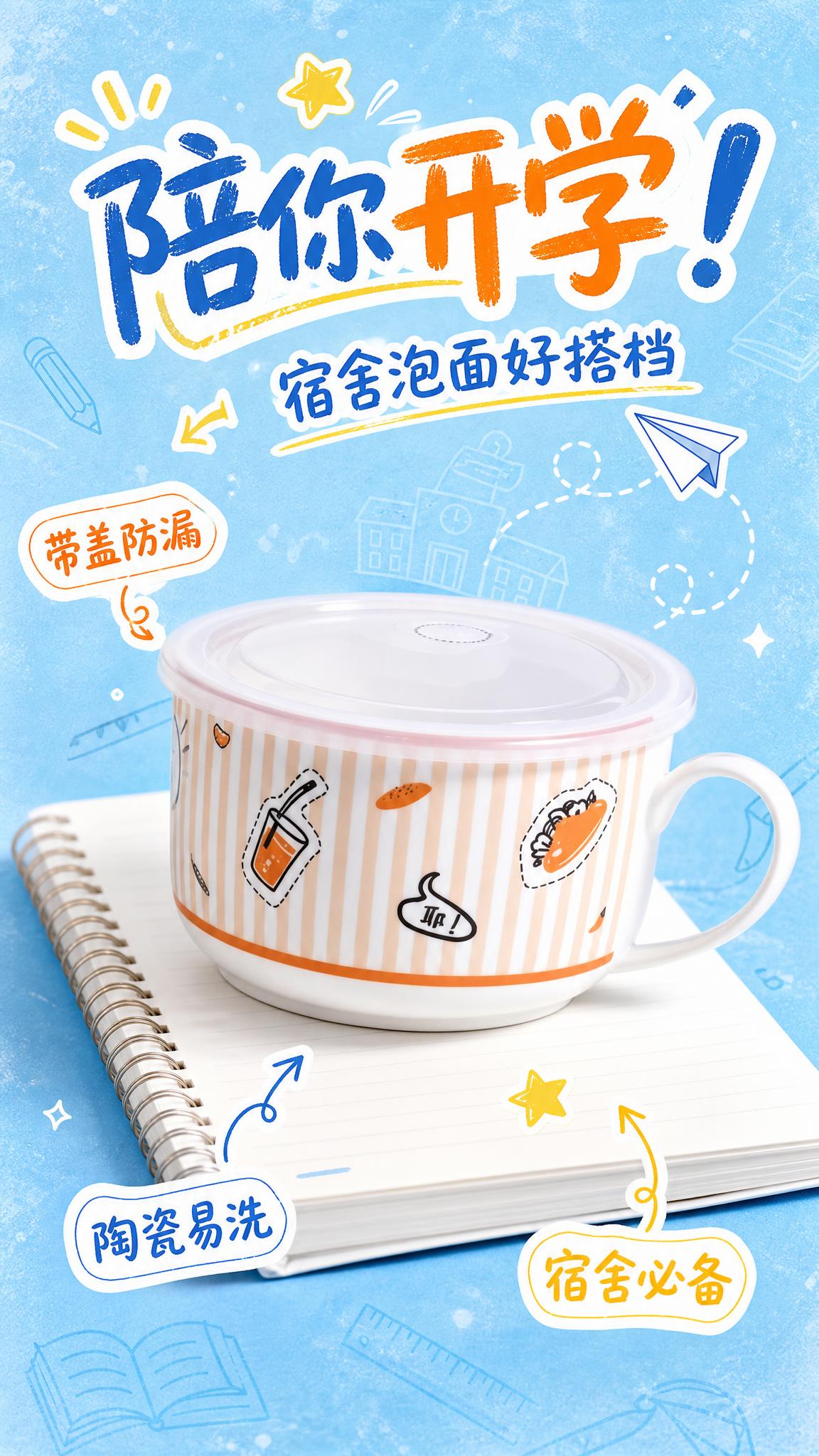 小红书风格开学季泡面碗电商海报，9:16竖版。浅蓝色做旧颗粒质… - 图片创意预览