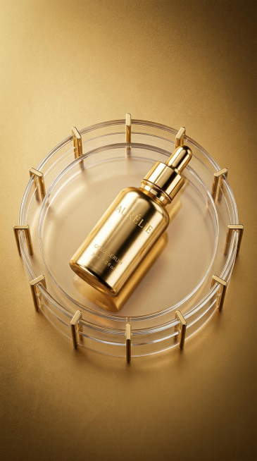 奢华金调美妆精华商业摄影图，超写实产品摄影风格，高级冷艳质感，强烈视觉张力。金色镜面金属质感的精华瓶，以倾斜角度放置在透明亚克力圆形托盘上，托盘边缘均匀排列12个精致的金色细长支撑条，背景为统一的暖金预览效果