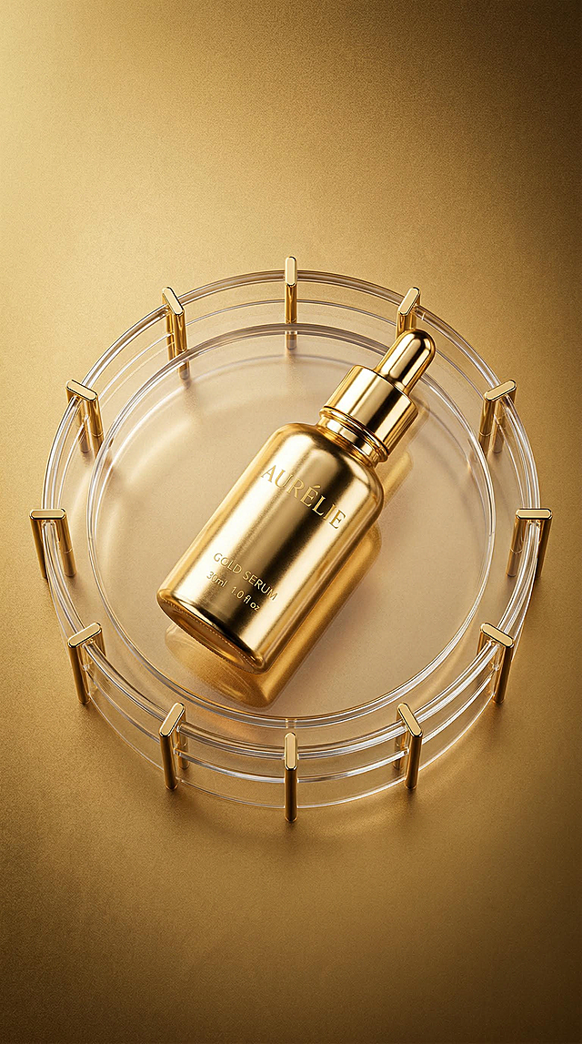 奢华金调美妆精华商业摄影图，超写实产品摄影风格，高级冷艳质感，强烈视觉张力。金色镜面金属质感的精华瓶，以倾斜角度放置在透明亚克力圆形托盘上，托盘边缘均匀排列12个精致的金色细长支撑条，背景为统一的暖金色渐变平滑颗粒。暖调硬光塑造强烈的金属反光与明暗对比，突出亚克力的通透感，边缘带有细腻轮廓光，无多余阴影干扰，整体呈现极简、高级、商业大片质感。俯视居中构图，精华瓶为视觉焦点，托盘与金属元素衬托产品的精致感，突出产品的奢华美学与品牌调性。